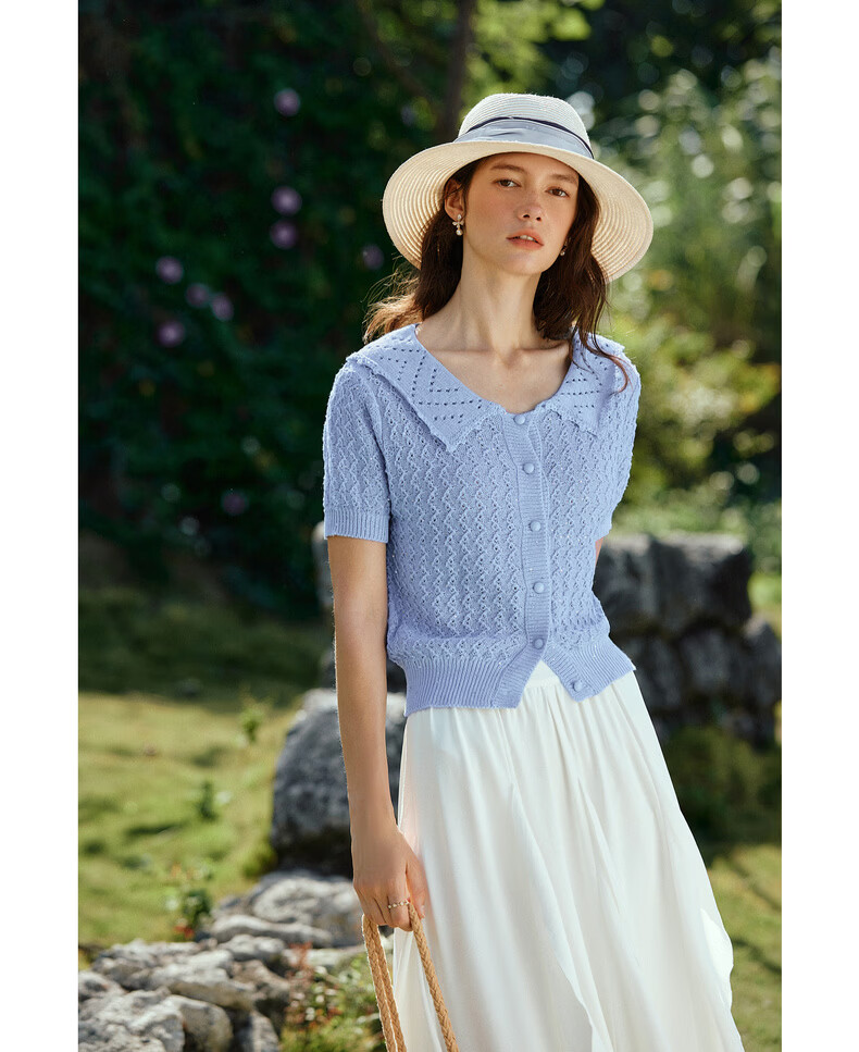 Olrain French Style New Summer Hollow Out Lapel Elegant Short Sleeve Knit Cardigan Top for Women Blue L 18