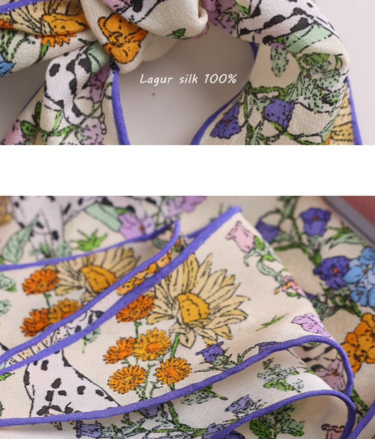 Lagur "French Wonderland" 100% Mulberry Silk Small Scarf 12 Momme Silk Triangle Neck Scarf Spring Autumn Cream Yellow 20