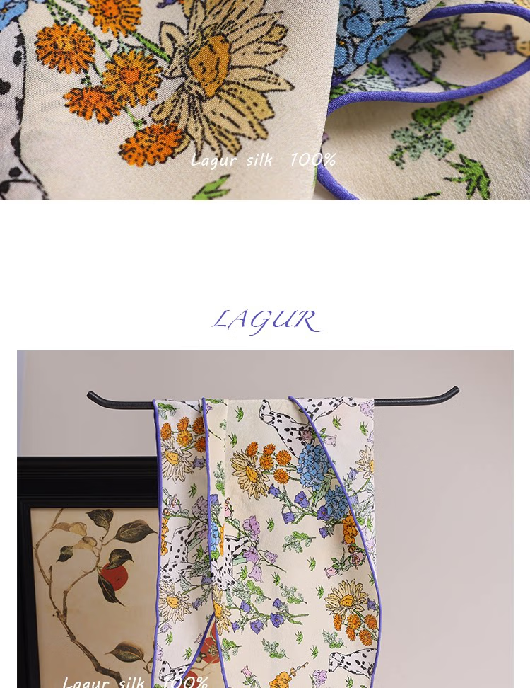Lagur "French Wonderland" 100% Mulberry Silk Small Scarf 12 Momme Silk Triangle Neck Scarf Spring Autumn Cream Yellow 18