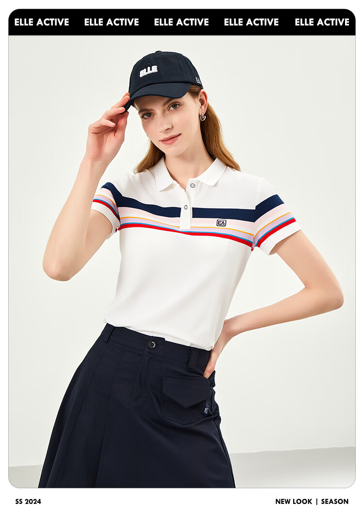 ELLE ACTIVE Fashion Color-Block Striped Polo Shirt Women Short Sleeve Casual Sports T-Shirt Summer Vibrant Collared Top White L 7