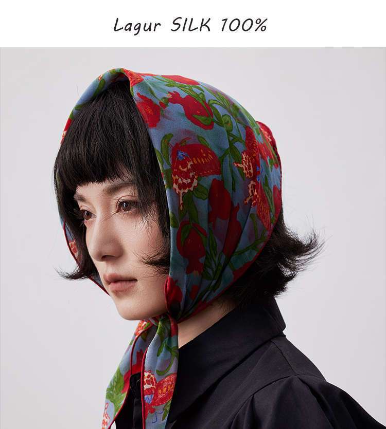 Lagur "Butterfly Pomegranate Flower" 100% Mulberry Silk Triangle Scarf Women's Silk Diamond Scarf Lupine Blue 2
