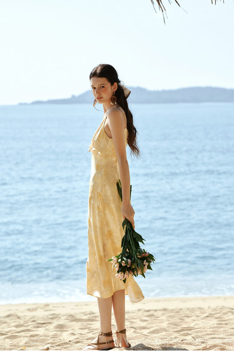 Olrain New Summer Yellow French Vacation Style Ruffle Tie-Dye Print Spaghetti Strap Dress Yellow XL 20