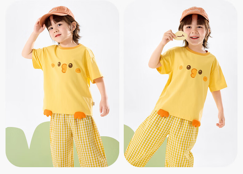 Dudu Kids Summer Set Loose Boys Short Sleeve T-Shirt Girls Casual Pants Baby Two-Piece Set Yellow-Green 120 9