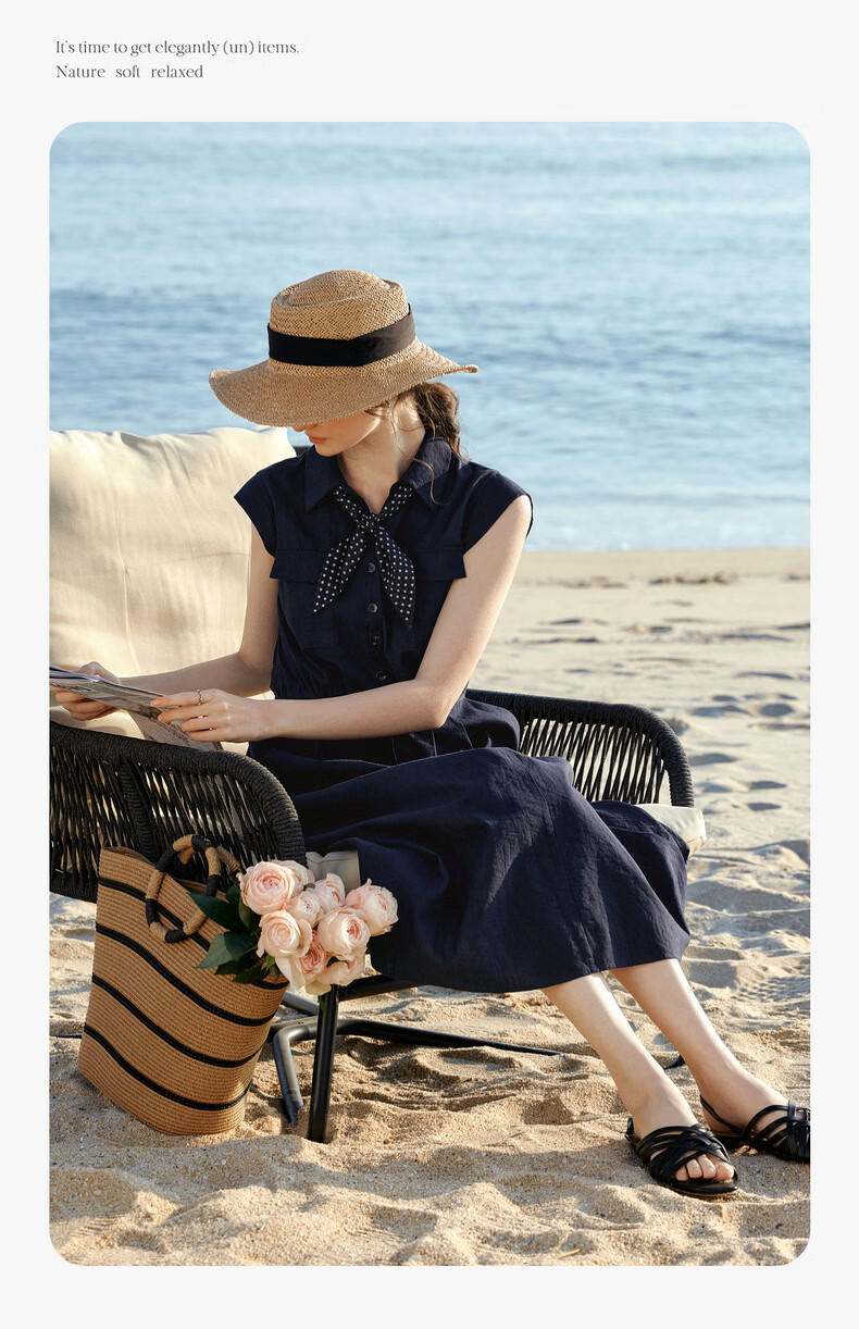 Olrain Eurier High Intelligence Style New Summer Polka Dot Scarf Design Lapel Slim Waist Dress Navy Blue M 13
