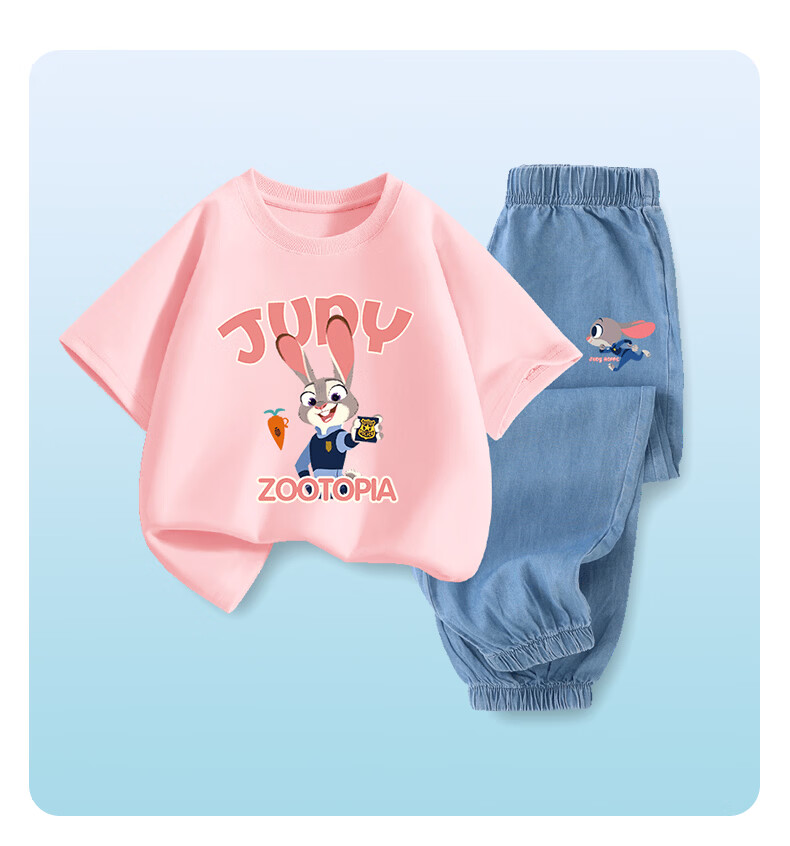 Disney Girls' Short Sleeve T-Shirt and Tencel Denim Pants Set - Judy Pink T-Shirt + Running Dark Blue, Size 150 10