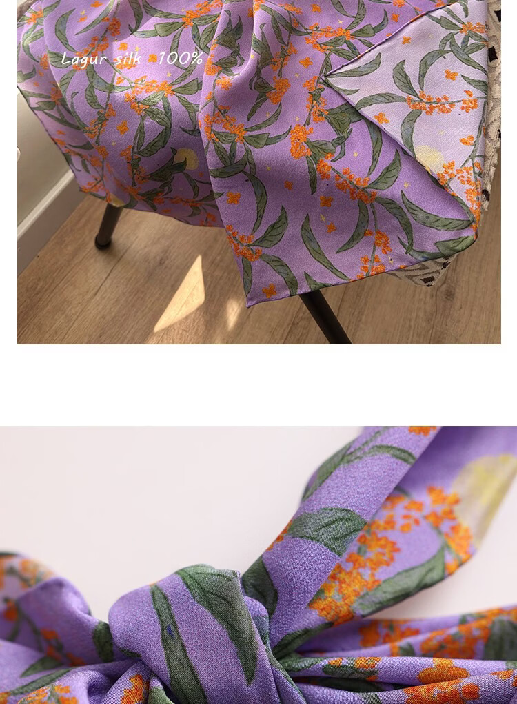 Lagur Original "Night Osmanthus" 100% Mulberry Silk Scarf, Double Crepe Rolled Edge Square Silk Scarf for Women, Refreshing Purple 31