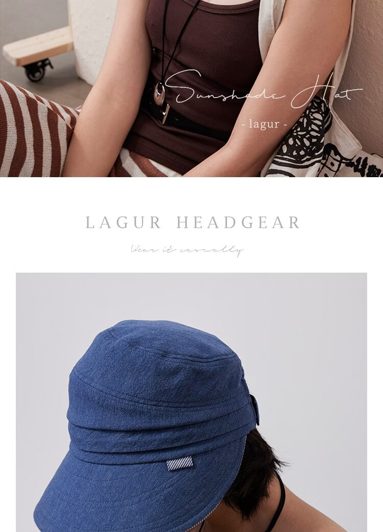 Lagur "Simple Japanese Style" Large Brim Cotton Bucket Hat with Ponytail Hole Sun Protection Foldable Sky Blue 15