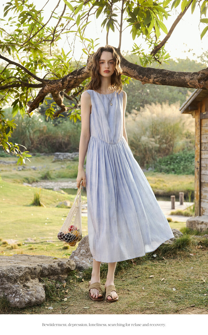 Olrain Oureier Sleeveless Waist-Drawn Gradient Mid-Length Dress for Women Summer Elegant Light Yellow M 15