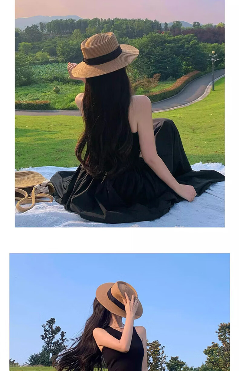 HAOGUAN Women's New Summer Sun Hat French Flat Top Straw Hat Slim Face Beach Sun Protection Hat 16