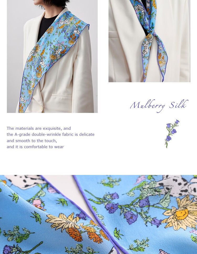 Lagur "French Wonderland" 100% Mulberry Silk Small Scarf 12 Momme Silk Triangle Neck Scarf Spring Autumn Cream Yellow 31