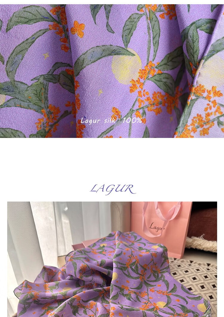 Lagur Original "Night Osmanthus" 100% Mulberry Silk Scarf, Double Crepe Rolled Edge Square Silk Scarf for Women, Refreshing Purple 30