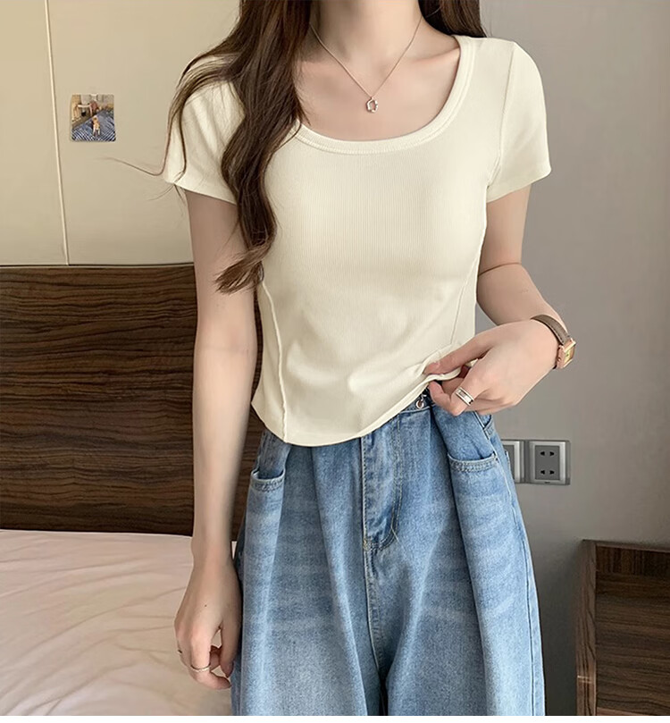 TonLion 2026 Summer Women's U-Neck Short Sleeve Solid Slim Fit Casual Versatile Premium T-Shirt 7