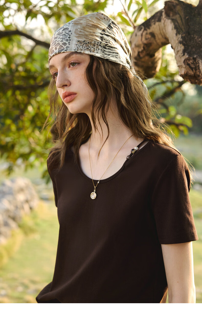 Olrain Oureier Round Neck Beaded Fitted Short Sleeve T-Shirt Women's Summer New Casual Trendy Top Beige L 20