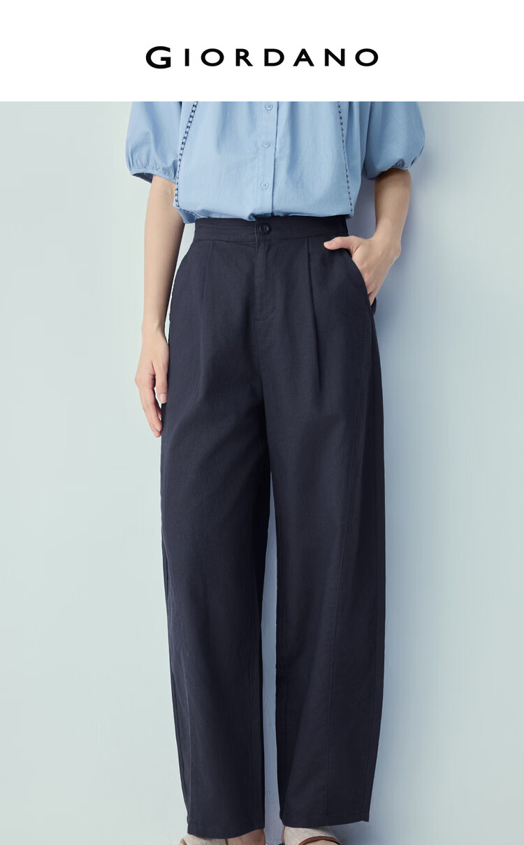 Giordano Women's Linen Pants 2026 Spring Cotton Linen Pleated Semi-Elastic Waist Casual Curved Pants 13416309 3