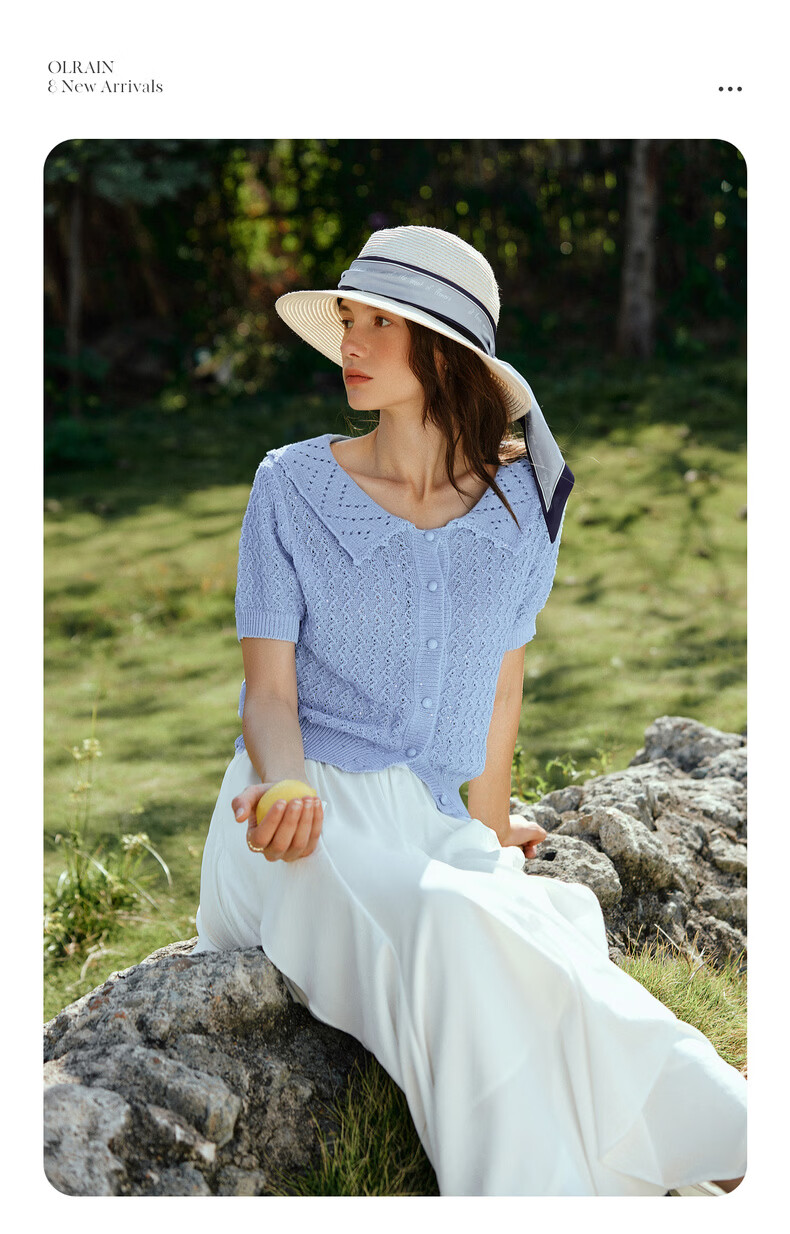 Olrain French Style New Summer Hollow Out Lapel Elegant Short Sleeve Knit Cardigan Top for Women Blue L 8
