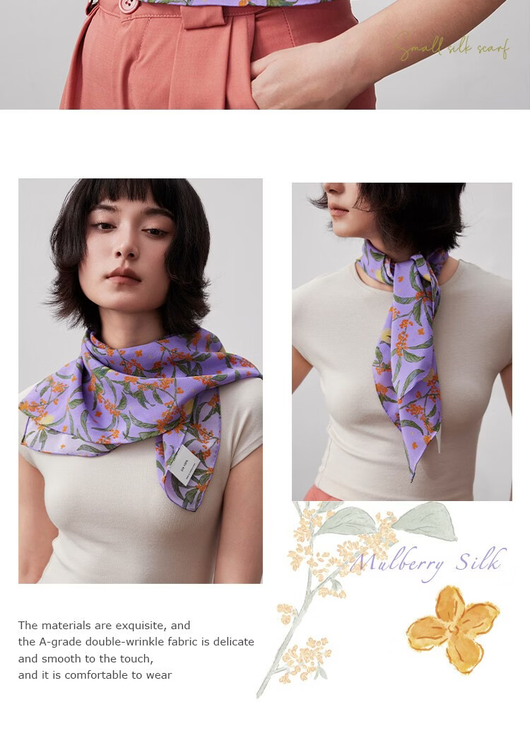 Lagur Original "Night Osmanthus" 100% Mulberry Silk Scarf, Double Crepe Rolled Edge Square Silk Scarf for Women, Refreshing Purple 29