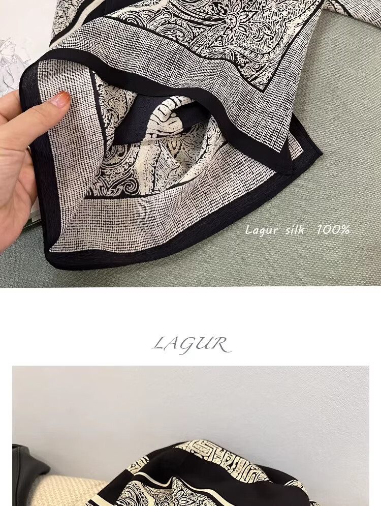 Lagur French Vintage Classic High-End Black and White 100% Mulberry Silk Square Scarf Versatile Neck Scarf for Women 18