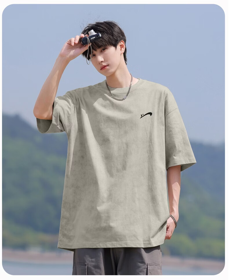 Guirenniao Washed Pure Cotton Short Sleeve T-Shirt Men New American Casual Fashion Vintage Soft Breathable Top Carbon Gray S 13