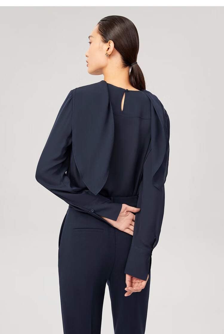 ovv2021秋冬新款19mm双乔前襟工字褶领部飘带真丝衬衫gnsaj31104a藏青