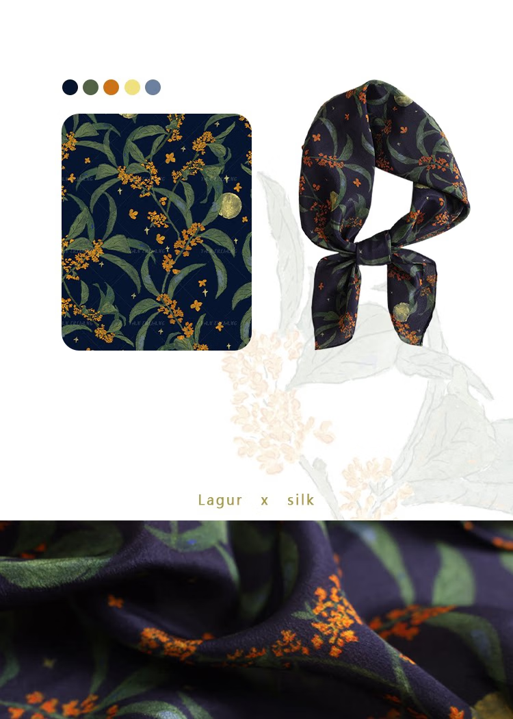 Lagur Original "Night Osmanthus" 100% Mulberry Silk Scarf, Double Crepe Rolled Edge Square Silk Scarf for Women, Refreshing Purple 13
