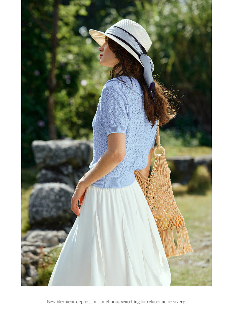 Olrain French Style New Summer Hollow Out Lapel Elegant Short Sleeve Knit Cardigan Top for Women Blue L 19