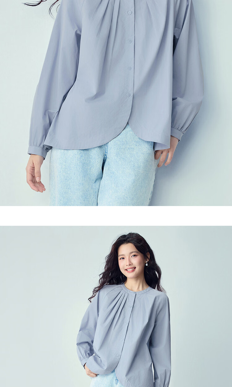 Giordano Women's Long Sleeve Shirt New Pure Cotton Loose Pleated Round Neck Raglan Casual Commuter Blouse 13346103 16