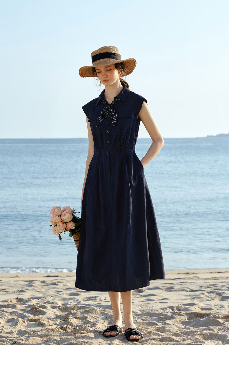 Olrain Eurier High Intelligence Style New Summer Polka Dot Scarf Design Lapel Slim Waist Dress Navy Blue M 18