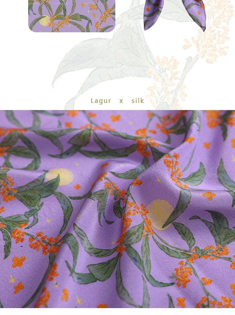 Lagur Original "Night Osmanthus" 100% Mulberry Silk Scarf, Double Crepe Rolled Edge Square Silk Scarf for Women, Refreshing Purple 27