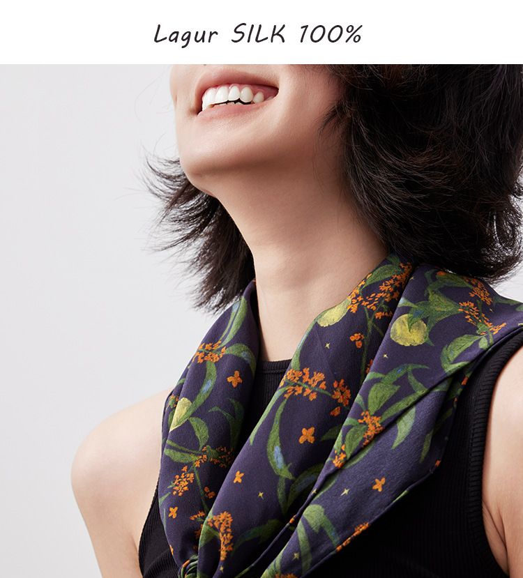Lagur Original "Night Osmanthus" 100% Mulberry Silk Scarf, Double Crepe Rolled Edge Square Silk Scarf for Women, Refreshing Purple 2
