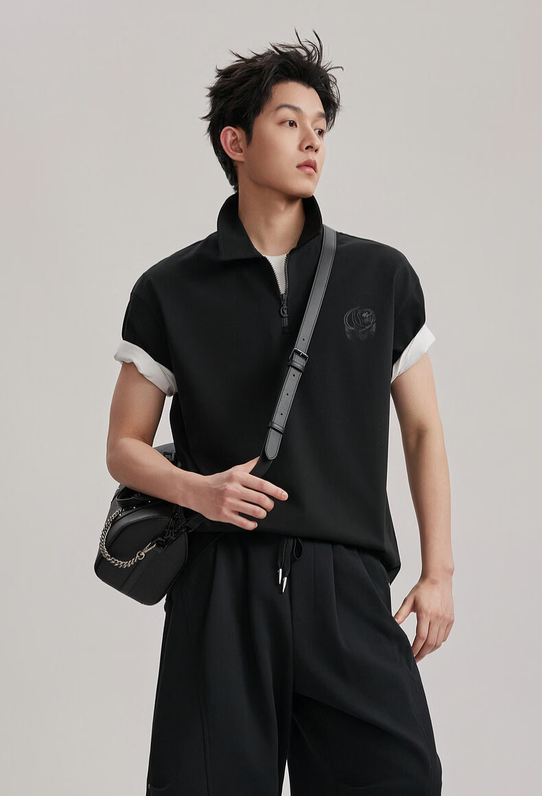 CABBEEN Pure Cotton Semi-Bleached Plain Half-Zip Polo Shirt Men Vintage Street Print Summer Short Sleeve Breathable Polo Shirt 2