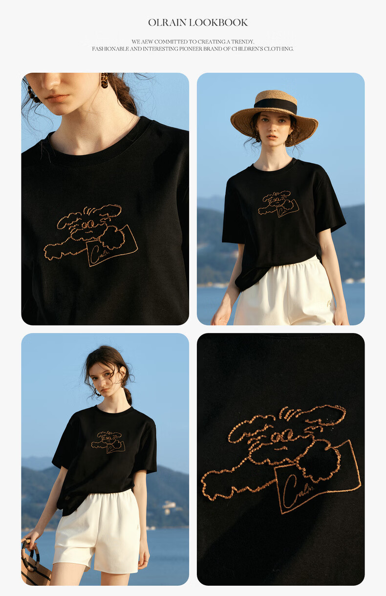 Olrain Eurier New Summer Women's Casual Dog Embroidery Crew Neck Loose Short Sleeve T-Shirt Black XL 8