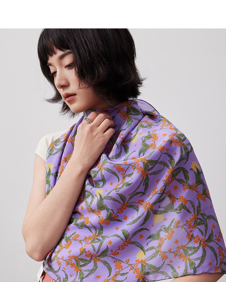 Lagur Original "Night Osmanthus" 100% Mulberry Silk Scarf, Double Crepe Rolled Edge Square Silk Scarf for Women, Refreshing Purple 28