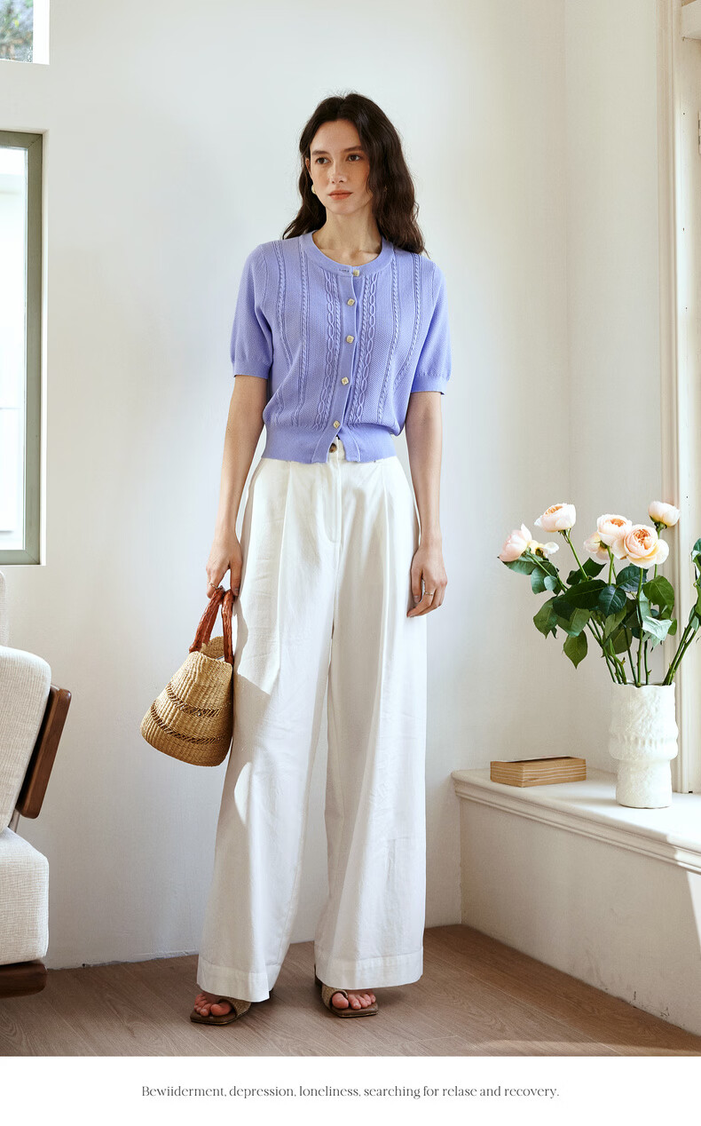 Olrain French Style Round Neck Cable Knit Cardigan Women Summer Commuter Casual Short Top Purple L 15