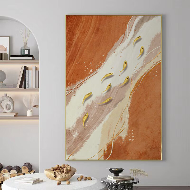 曼丁熊 现代简约九鱼图入户玄关挂画轻奢寓意好客厅装饰画竖版墙壁画