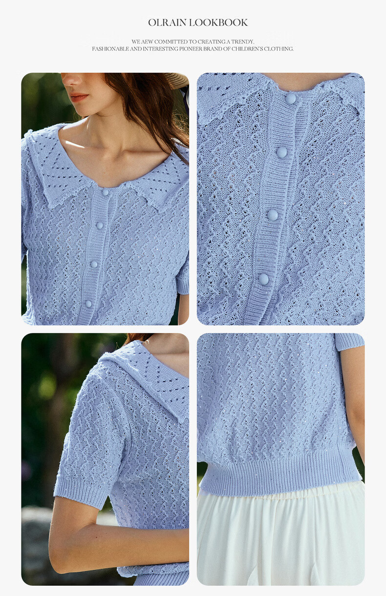 Olrain French Style New Summer Hollow Out Lapel Elegant Short Sleeve Knit Cardigan Top for Women Blue L 11
