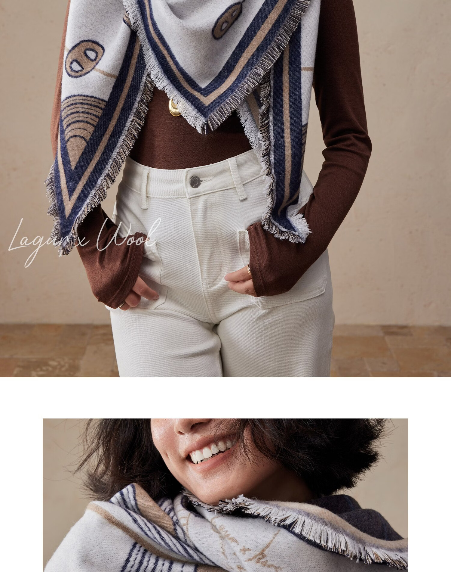 Lagur Minimalist Horse Fine Wool Blend Triangle Scarf Air Conditioning Room Shawl Versatile Women's Neck Warmer Minimalist Beige 26