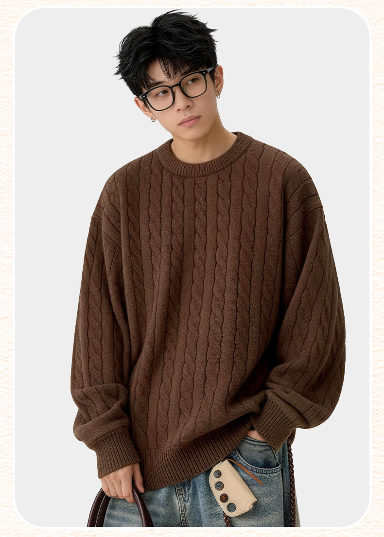 MINISO Men's Round Neck Cable Knit Sweater Autumn Winter Warm Anti-Cold Casual Couple Pullover Black 3XL 17
