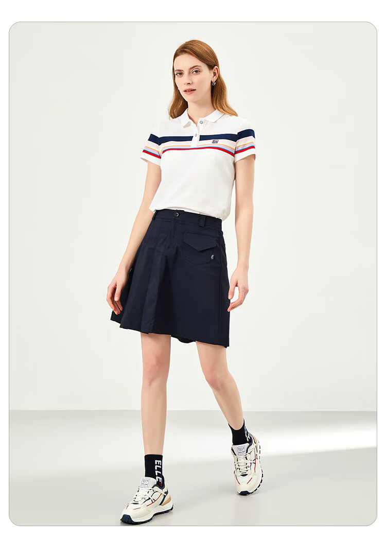 ELLE ACTIVE Fashion Color-Block Striped Polo Shirt Women Short Sleeve Casual Sports T-Shirt Summer Vibrant Collared Top White L 9