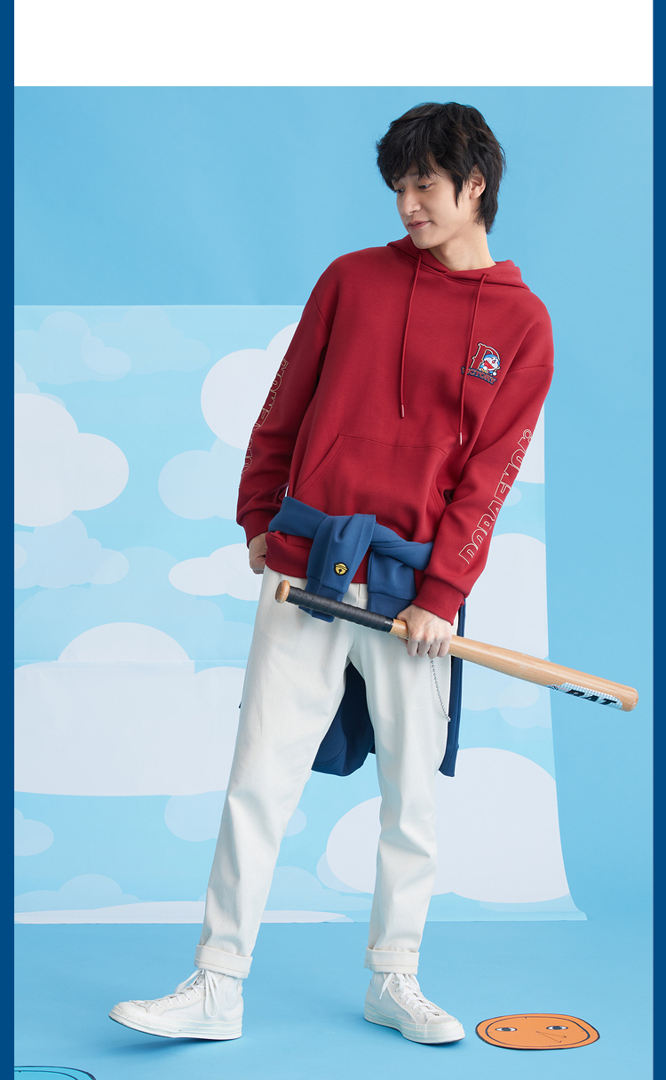 hla海澜之家哆啦a梦系列连帽卫衣休闲简约前胸刺绣图案套头衫男hnzwj