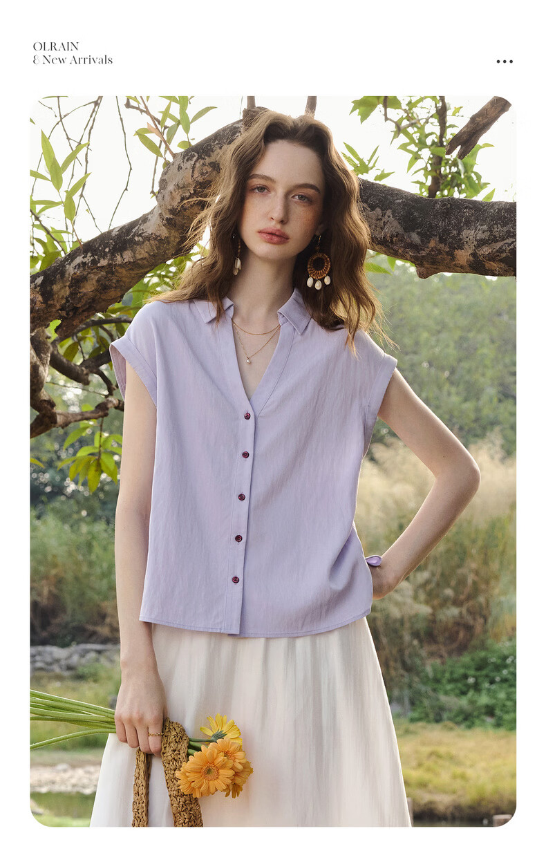 Olrain Lazy Design Short Sleeve Shirt Women's Summer New Elegant Cardigan Top Purple M 7