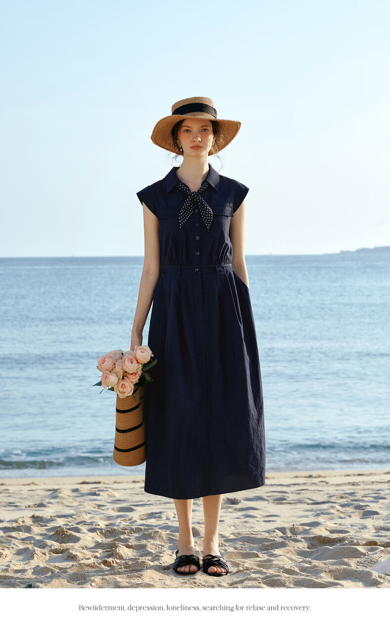 Olrain Eurier High Intelligence Style New Summer Polka Dot Scarf Design Lapel Slim Waist Dress Navy Blue M 15