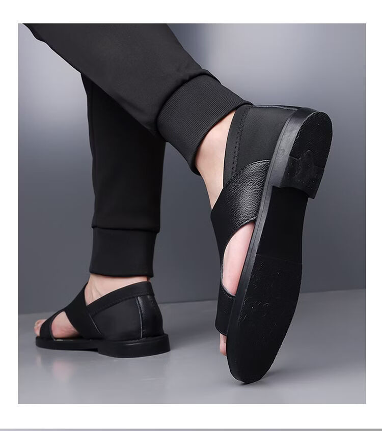 Jingzhenlianggong Men's Summer Sandals Dual-use Slippers Non-slip Soft Sole Beach Shoes Black [Leather Texture] Size 38 12