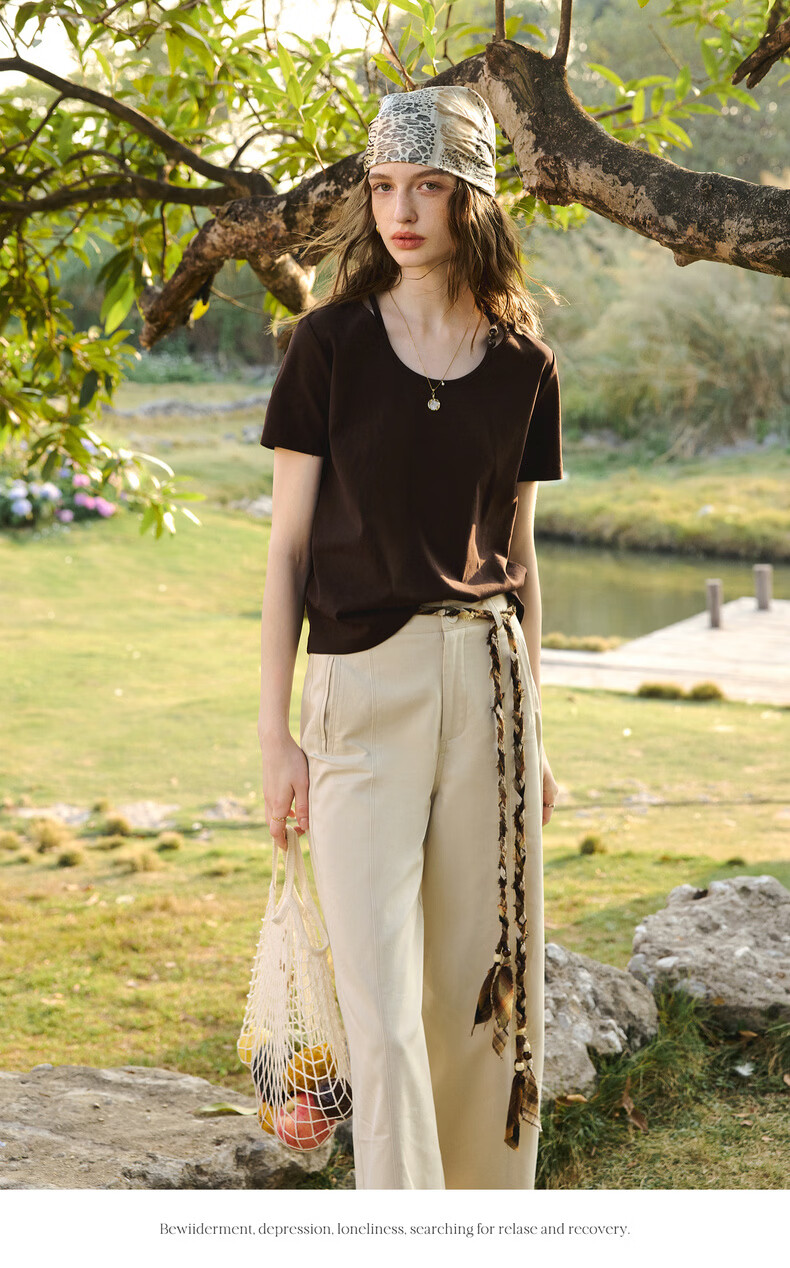 Olrain Oureier Round Neck Beaded Fitted Short Sleeve T-Shirt Women's Summer New Casual Trendy Top Beige L 14