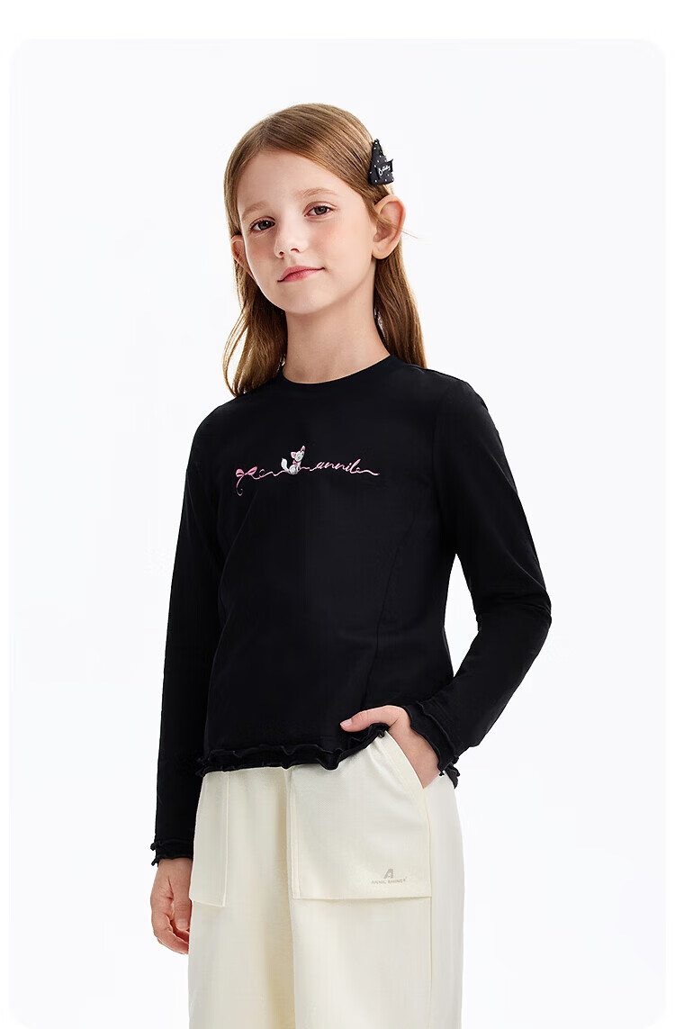 Annil Girls' Crew Neck Long Sleeve Knit Sweater 2026 Spring New Black 170 12