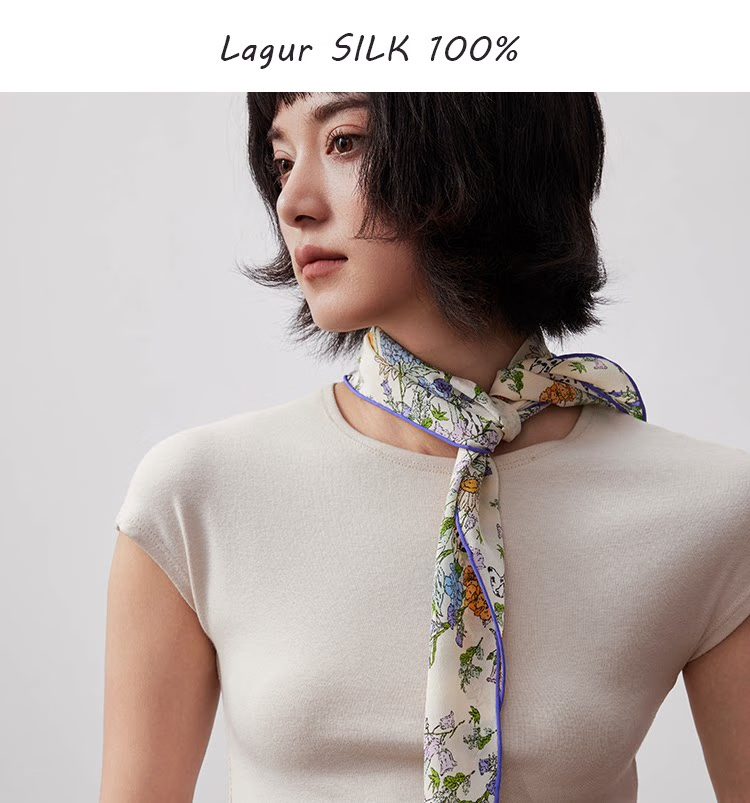 Lagur "French Wonderland" 100% Mulberry Silk Small Scarf 12 Momme Silk Triangle Neck Scarf Spring Autumn Cream Yellow 2