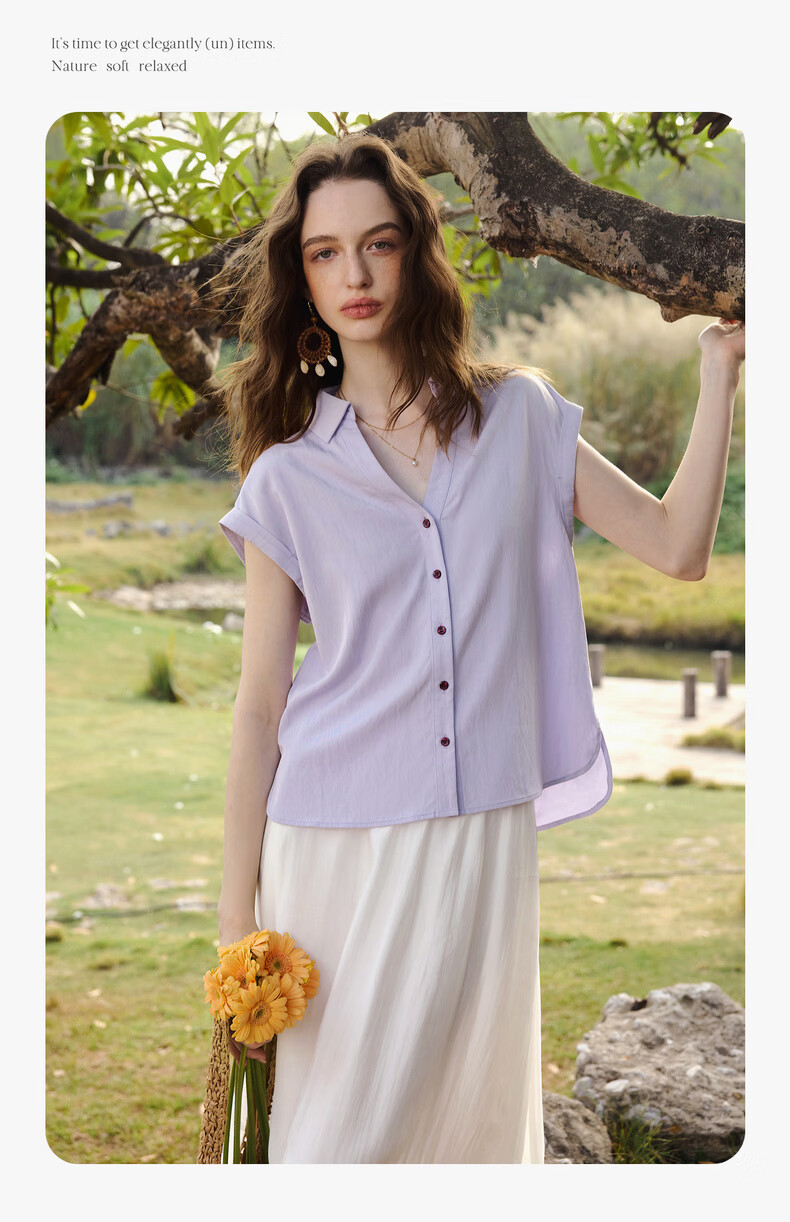 Olrain Lazy Design Short Sleeve Shirt Women's Summer New Elegant Cardigan Top Purple M 13
