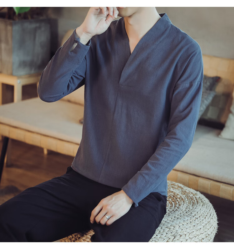 禅服佛系男佛系禅服秋复古汉服中国风长袖打底t恤改良禅修禅意薄款茶