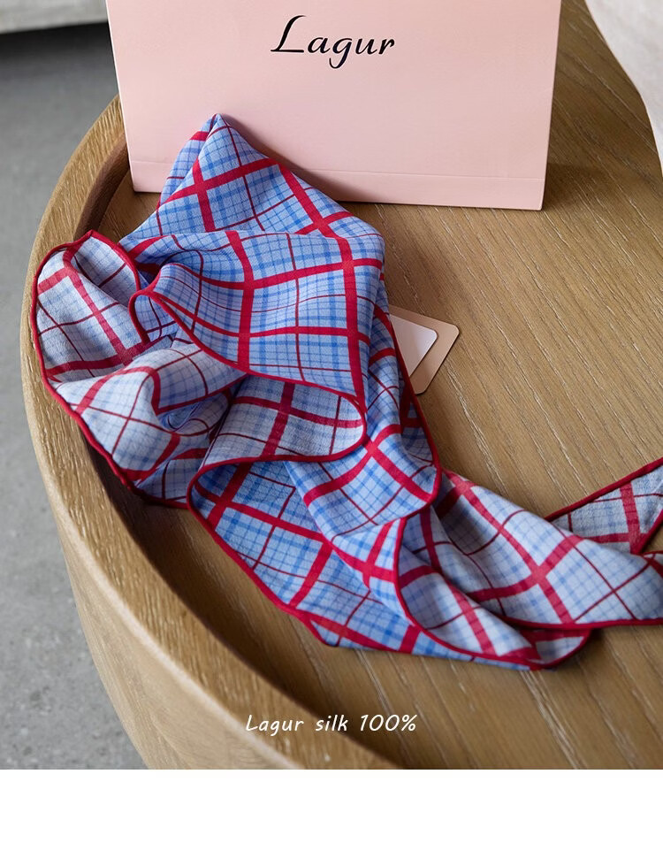 Lagur Tranquil Blue Plaid 100% Mulberry Silk Scarf Long Triangle Diamond Vintage Headband for Women Tranquil Blue 23