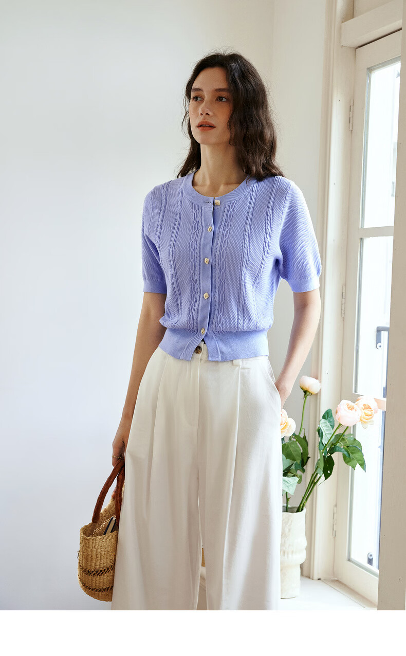 Olrain French Style Round Neck Cable Knit Cardigan Women Summer Commuter Casual Short Top Purple L 16