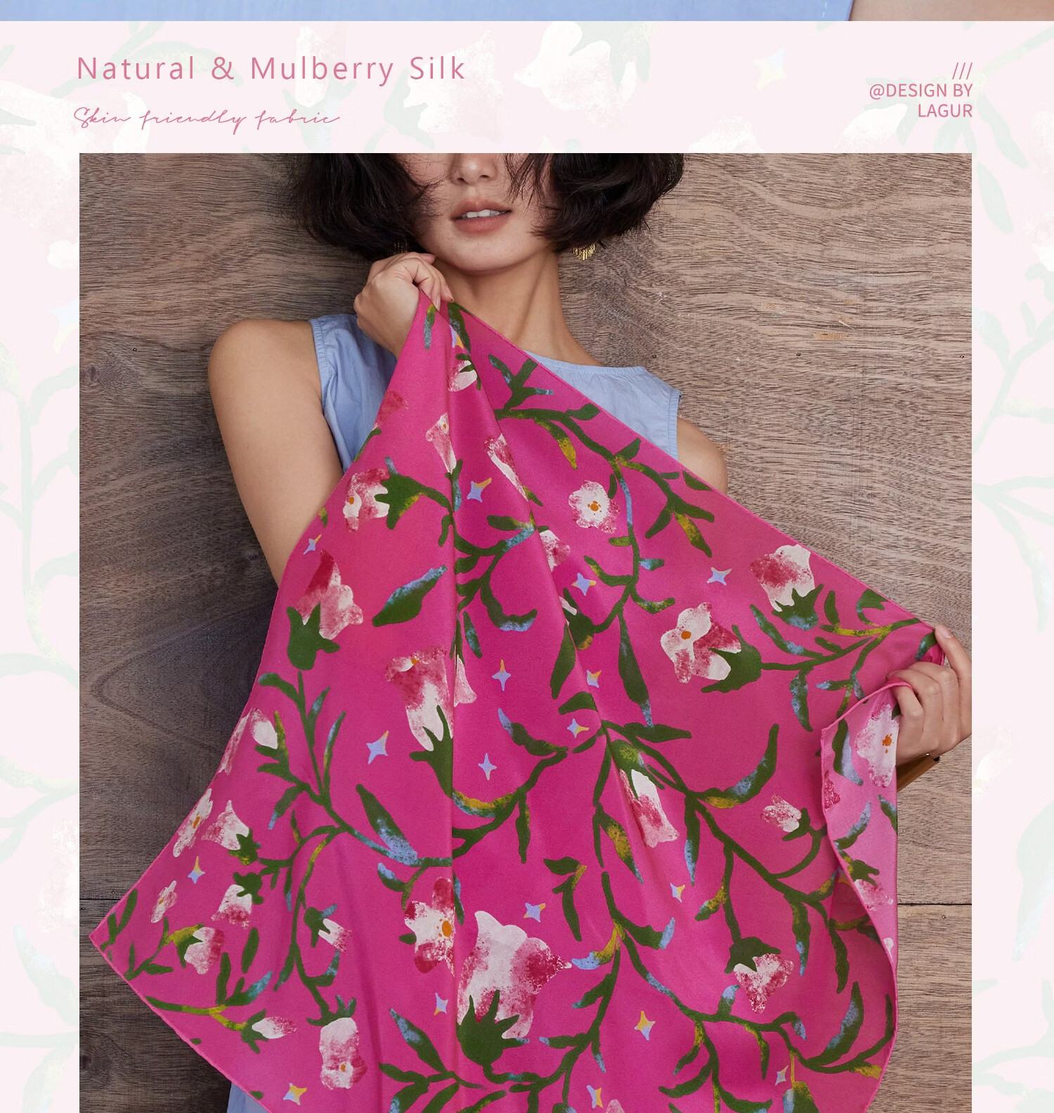 Lagur "Rose Red Morning Glory" Original Handmade Fine Rolled Mulberry Silk Scarf Midnight Blue (Pink Gift Box) 23